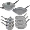Salter COMBO-8572A - Set di 8 padelle da 16/18/20 cm, padelle da 20/24/28 cm, wok e coperchio, padella antiaderente a induzione, cucina più sana con poco o nessun olio, pietra marmorea, grigio