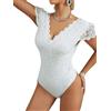 SHEKINI Body da Donna in Pizzo Elegante a Manica Corta Trasparente Maglietta Bodysuit Stretto Body Donna Pizzo con scollo a V Colletto Smerlato Sexy Lingerie