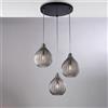 BeLight Sospensione in ferro laccato nero e montatura cromo con cavi elettrici regolabili e diffusori in vetro soffiato grigio specchiato con decoro effetto cristallo 3 luci