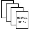 WIETRE Set di 4 Cornici per Foto A4 21 x 30 cm in Legno MDF Nero per Poster, Vetro Acrilico Antirottura per Appendere e Posizionare in Piedi - per Foto, Immagini e Poster