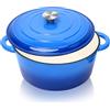 Denmay Pentola in ghisa da 28 cm, 6qt 5,6 l, smaltata con coperchio, adatta al forno, per cucina, stufatura, pentola smaltata, pentola a induzione (blu)