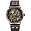 Alienwork Orologio Automatico Uomo Donna bronzo marrone Bracciale in Cuoio nero Scheletro Retrò