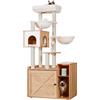 Hey-brother Tiragraffi con lettiera per gatti, moderna torre per gatti con grande piattaforma, mangiatoia e 2 amache, mobili per gatti all-in-one, legno noce EMPJ115WB