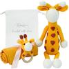 cometrade Set regalo per neonati, 4 pezzi, tema giraffa, 37 cm, sonaglio per neonati, 13 cm, asciugamano da bagno e sacchetto, fatto a mano, per ragazzi e ragazze, con confezione regalo, per neonati,