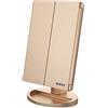 WEILY Specchio Trucco con Luci, specchio Ingranditore con 1X/2X/3X, Specchio Led Trucco Tri-Fold con Touch Screen, Specchio da Tavolo Supporto USB e Batteria (Oro)