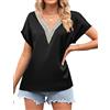Heersan Camicia Donna Estiva Maglietta con Scollo a V e Maniche Corte con Bordi in Pizzo Elegante Blusa Moda Top Tinta Unita Tee T-Shirt Tunica Casual Shirt per Ragazze e Donna