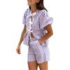 FeMereina Set di 2 pezzi con pantaloncini da donna e camicia a maniche corte a righe, con lacci ed elastico in vita, pigiama Y2k, Viola chiaro, L