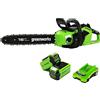 Greenworks GD40CS18K2X Motosega a Batteria con Motore Brushless, Lunghezza Barra 40cm, Velocità Catena 20m/s, 3,81kg, Auto-Lubrificante, Anti Contraccolpi, 2 Batterie da 40V 2Ah e Caricabatterie