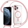 Pnakqil Magnetica Cover con Cordino per iPhone 11 Pro Max, Compatibile con Magsafe Ricarica Wireless, Trasparente Placcatura Disegno Custodia con Collana con Regolabile Laccio Tracolla, Rosa