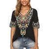 drakloak Draklook Donne Camicetta da Ricamo Bohemian Autunno Tunica Ricamo Folklore Tops Camicia Scollo a V Estate Tunica Camicette Boho Hippie Manica Corta Loose Top（442 Nero S）