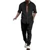 Beokeuioe Set completo estivo universale in lino, camicia e pantaloni, da uomo, a maniche lunghe, in lino, da uomo, a maniche lunghe, estivo, per il tempo libero, da spiaggia, Nero , L