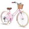 Glerc Missy 26 Bicicletta da ragazza Cruiser Gioventù Donna Bicicletta a 6 marce Teen Hybrid per adolescenti di età 14 15 16 17 18 19 20 anni con cestino di vimini e peso leggero, rosa