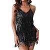 MOFLORA Tuta sexy da donna con frange e schiena scoperta, con paillettes e nappe, tutina a balze per festival (nero, M), nero