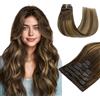 HOTBANANA Extension Capelli Veri Clip, Balayage da Castano Cioccolato a Biondo Caramello Extension Clip Capelli Veri 35cm 7pcs Remy Umani Naturali Capelli Extensions 120g