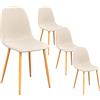 FurnitureR Set di 4 sedie da pranzo imbottite in lino minimalista, piccola sedia laterale senza braccioli salvaspazio. Sedile con schienale alto con gamba in metallo rovere chiaro, beige