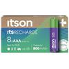 ITSON, batterie ricaricabili AAA, pacco da 8, capacità 800 mAh, imballagio con il 95% di materiali riciclati, Made in Japan, pile ministilo pre-caricate per orologi e telecomandi