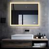 MIQU Specchio da bagno a LED con illuminazione 80 x 60 cm, specchio da bagno grande con touch, dimmerabile, caldo/bianco, senza appannamento, per WC, corridoio, angolo