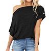 SIMOLL T-Shirt da Donna Sexy con Spalle Scoperte e Scollo a V Top Estivo Tinta Unita Elegante Camicia con Bottoni T-Shirt Pullover Ampio (Nero/XL)