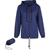 Dazzerake Giacca Antipioggia Impermeabile Leggera da Donna RipiegabileCappotto Antivento con Coulisse Regolabile Giacca a Vento da Esterno con Cappuccio (Navy Blu, XL)