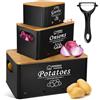 POWZOO Set di 4 Porta Patate Cucina,Contenitore per patate,Cipolle e Aglio,con Pelapatate,Contenitori Cucina,con Fori di Ventilazione,per conservare le verdure fresche più a lungo (Nero)