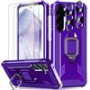 Wiaocit 5 in 1 Cover per Samsung Galaxy A55 5G + 2 Pezzi Vetro Temperato + 2 Pezzi Protezione Fotocamera, 360 Girevole Regolabile Ring Armor Bumper TPU Case Supporto Cellulare Silicone-Viola