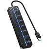 HORJOR Hub USB 3.0 Ciabatta Multi Presa USB, 7 Porte Sdoppiatore USB con Singoli Interruttori e Spie LED