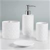 Martha Stewart Set di accessori da bagno in ceramica, organizer per oggetti da bagno, medaglione damascato goffrato, dispenser per lozione/sapone, portaspazzolino, bicchiere, portagioie, dimensioni