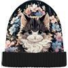 Naanle Cappelli invernali da uomo e da donna, con motivo floreale e gatto, elasticizzato, morbido, caldo, lavorato a maglia, con teschio, nero, berretto da sci, multicolore, M/L