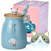 SHENDONG Tazza di gatto carino da caffè in ceramica con coperchio e cucchiaio in legno Kawaii Tazza del mattino della novità Tazze da tè, latte per amanti dei gatti Donne blu