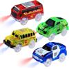 sikkeby Track Cars Magic, Confezione da 4 Giocattoli Illuminanti al Buio - Mini Auto della Polizia, Autobus, Scuolobus, Auto Sportiva Con 5 Luci Lampeggianti a LED per Bambini 3-8 Anni