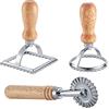 HSP-HSWITI Set di stampi per ravioli con rotella a rullo, stampo per pasta con manico in legno e bordo scanalato, taglierina per ravioli e timbro per pressa (3 set con tagliera)