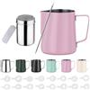 Zuquik Brocca per latte in acciaio inox, 600 ml, barista con misurazione Mark 24oz, bricco per latte con spargitore per cacao, 16 stencil e penna per cappuccino e espresso, rosso rosa