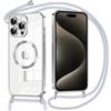 Oelrstfe Magnetica Cover per iPhone 15 Pro Max 6.7 con Cordino Regolabile, Compatibile con MagSafe,Trasparente Custodia con Collana Tracolla Laccio Collo TPU Silicone Lanyard Case Antiurto, Argentato