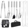 JUAUO 11Pcs Kit BBQ Accessori Barbecue Professionale In Acciaio Inox, Pratico Utensili Barbecue Attrezzi Con Borsa Portatile, Set Barbecue Accessori Regalo Uomo Cortile Campeggio All'aperto Cucina Picnic