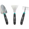 Gardena 8964-60 Set di Piccoli Attrezzi Comfort, Set Ideale per Aiuole e Balconi Composto da Cazzuola per Fiori, Piccola Scopa e Rastrello per Fiori, Metallico, Turchese, Nero