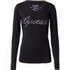 GUESS t-Shirt Logo Strass Girocollo Manica Lunga Slim Donna Nero W3RI15J1314-JBLK-S