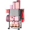 Bikoney Organizzatore Palestra Casa Multifunzionale, Rack Porta Manubri e Pesi con Supporto per Tappetini Yoga, Carrello Fitness per Kettlebell, Rulli di Schiuma e Bande, con Ruote e Ganci