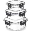 Igluu Meal Prep - Contenitori quadrati impilabili in vetro (confezione da 3) - senza BPA - Set di contenitori ermetici a prova di perdite, adatti a microonde, (800 ml, 520 ml, 320 ml)