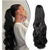 Dcbaboo Coda di Cavallo Extension Capelli Ricci Neri Coda Capelli Extension con Pinza 45cm Posticci per Capelli Mossi Coda Finta per Capelli Sintetici Lunghi Naturali Ponytail Ondulati, Jet Nero