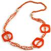 Avalaya Collana lunga multifilo in ceramica arancione con perline in legno e anello in acrilico, lunghezza 90 cm, Misura unica, Ceramica Vetro Plastica Legno, vetro