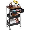 DOEWORKS Carrello con Ruote Portatutto Carrello Cucina Metallo Carrellino 3 piani dei Libri Carrello Portaoggetti con Cassetto e Maniglia Pelle per Camera Bagno Ufficio, Nero