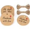 G2PLUS 100PCS Tag Regalo Etichette Carta Kraft,5X5CM Etichette Regalo Tag Kraft Handmade with love Etichette Rotonde Ideali per Compleanni e Matrimoni,con Spago di Iuta(Marrone)