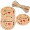 G2PLUS 100PCS Grazie di Cuore Etichette Regalo Kraft 5X5CM Rotonde Con Spago per Battesimo, Prima Comunione, Matrimonio