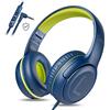 awatrue Cuffie per Bambini con Cavo, Cuffie per Bambini con Microfono, Cuffie On-ear, Limitazione del Volume 85/94 dB, jack da 3,5 mm, Design pieghevole, Sicure e Comode (BluVerde)