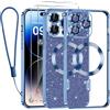 Kokio Magnetica per iPhone 14 Pro Cover Glitter,Con 2 * Vetro Temperato e 1* Cordini,Compatibile con MagSafe,Glitterata Custodia per Womem Girl,Con Protezione dell Obiettivo Fotocamera,Blu