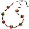 Avalaya Splendida collana lunga in corda di cotone nero con fiore in legno multicolore - 90 cm di lunghezza, Misura unica, legno, corde, Nessuna pietra preziosa