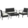 Set da Giardino 4 Pezzi in Rattan PE con Tavolino da Giardino, 2 Poltroncine e Divano 2 posti, Nero e Crema