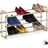 relaxdays Scarpiera da Ingresso, Portascarpe Aperto, su 3 Livelli, Legno e Metallo, Allungabile L.118 cm, Marrone Chiaro