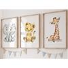 Eviepops Prints Quadri Cameretta Bimbo Safari - Set di 3 Stampe Animali Leone, Elefante, Giraffa Stile Acquerello - Decorazione Parete Bambini Senza Cornice (A4)