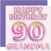 Stuff4 Biglietto di auguri per il 90° compleanno della nonna, con palloncini glitterati rosa e viola, biglietti di auguri per la nonna di 90 anni, 145 mm x 145 mm